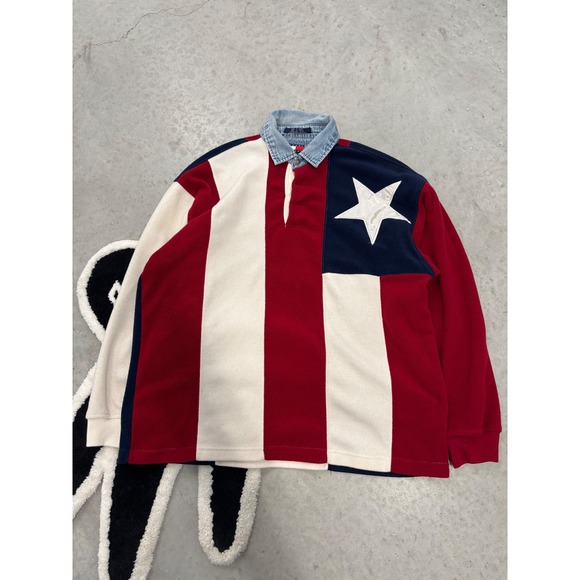 Tommy Jeans Other - Vintage Tommy Jeans Fleece Rugby Shirt American Flag Denim Collar Large L 90s